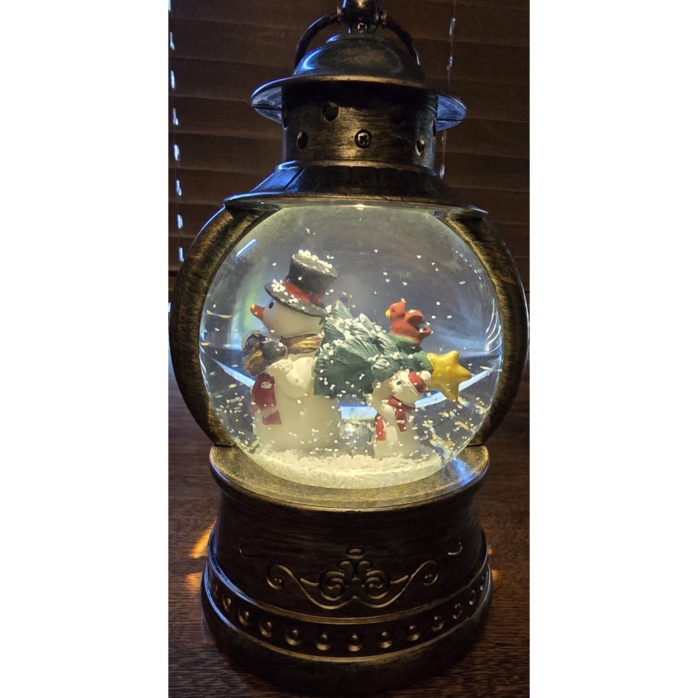 Bronze Snowman Lantern Snow Globe Lighted Christmas Decor 8.5 Inch